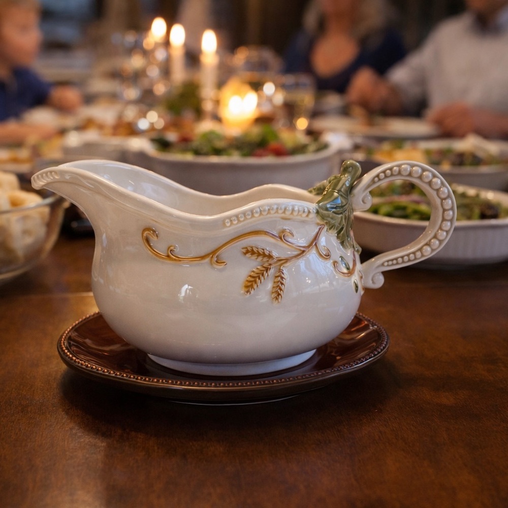 Elegant Porcelain Gravy Boat with Underplate – Gold Trim & Leaf Detail